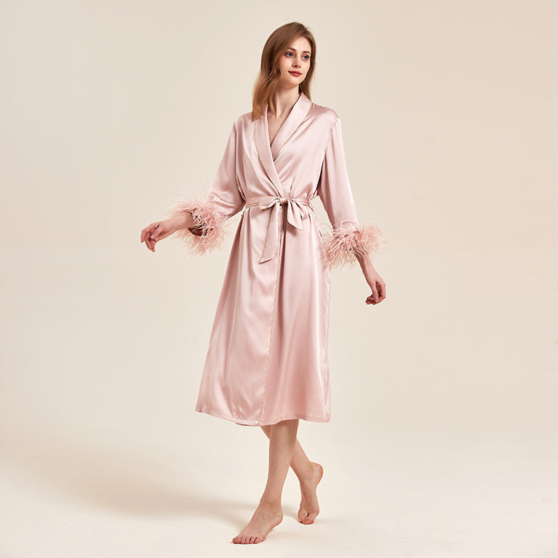 Party Long Robe Set with Detachable Feathers in Powder Pink