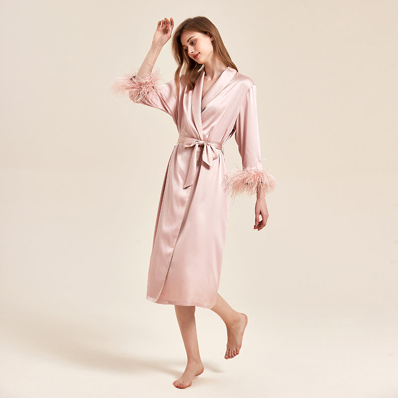 Party Long Robe Set with Detachable Feathers in Powder Pink