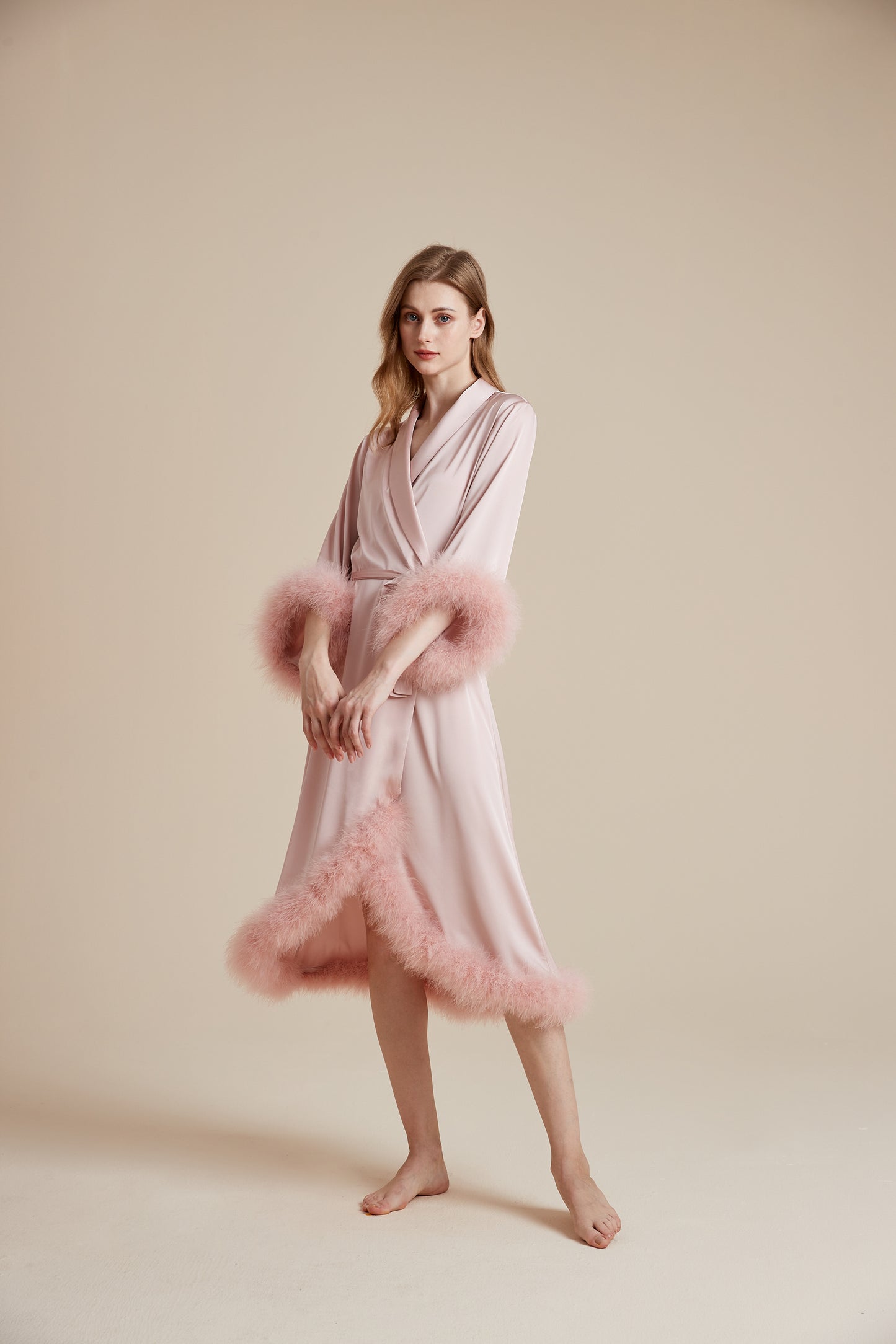 Party Long Robe Set with Detachable Feathers in Powder Pink and Silver Gray