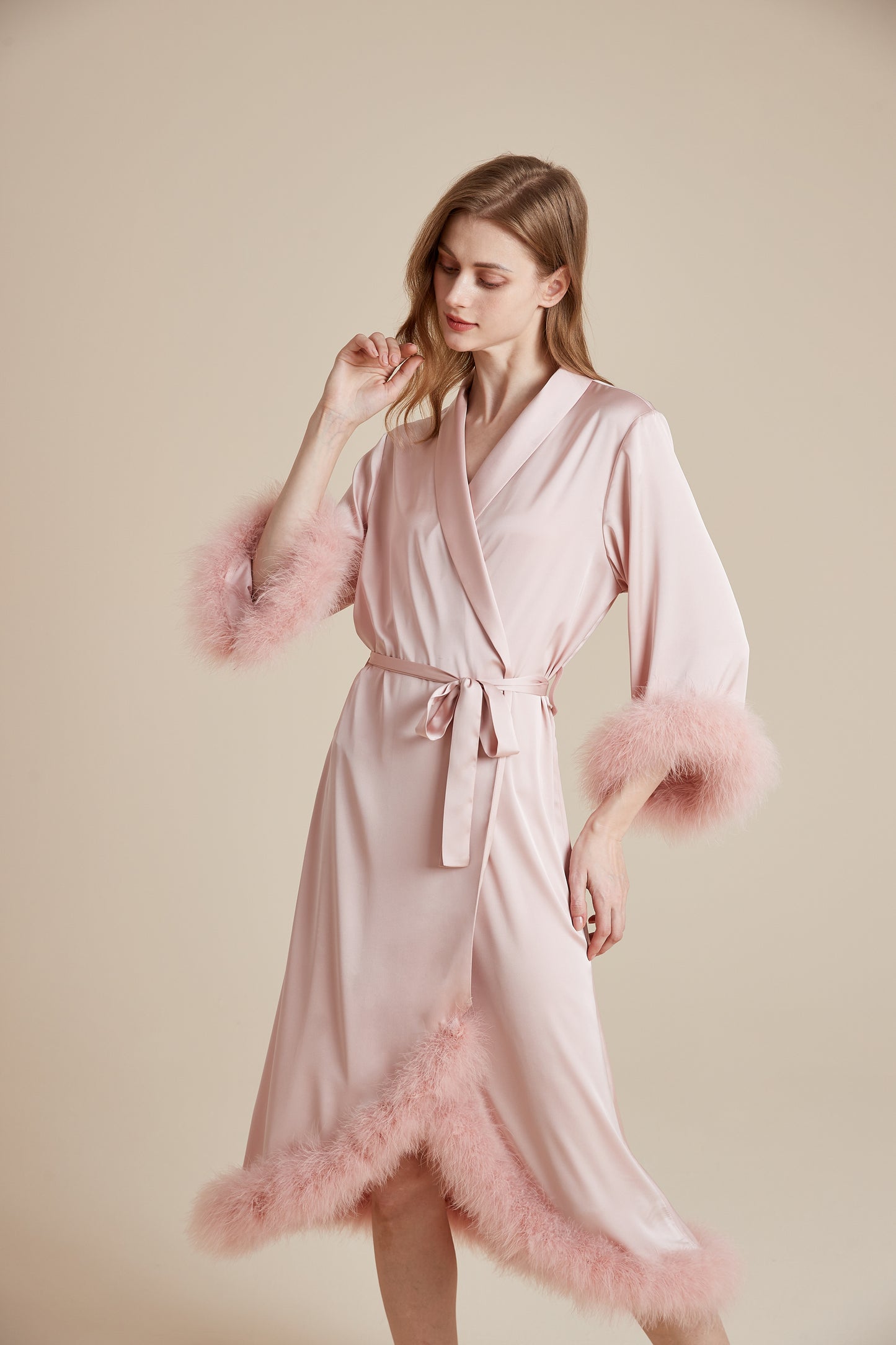Party Long Robe Set with Detachable Feathers in Powder Pink and Silver Gray