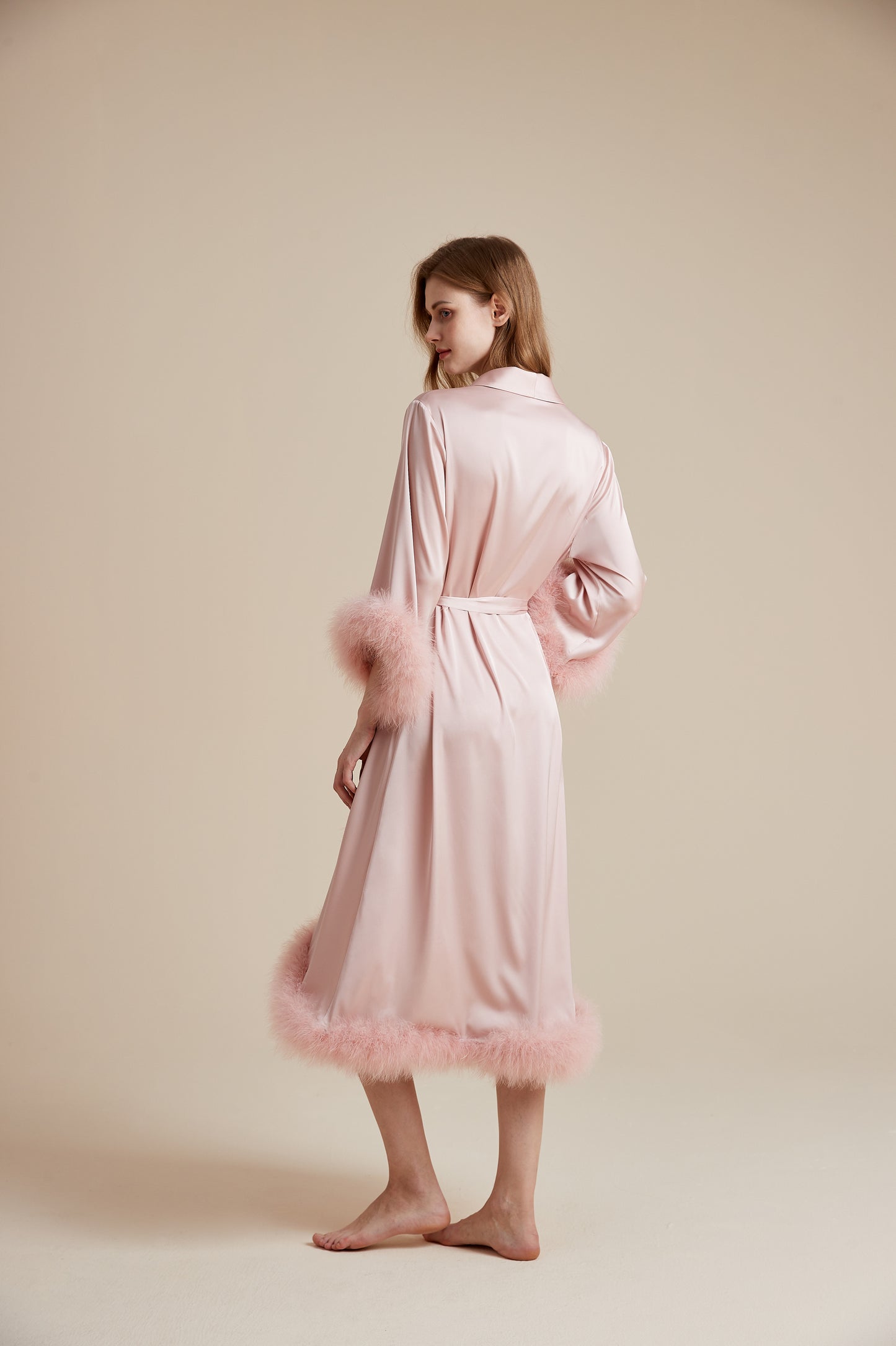 Party Long Robe Set with Detachable Feathers in Powder Pink and Silver Gray