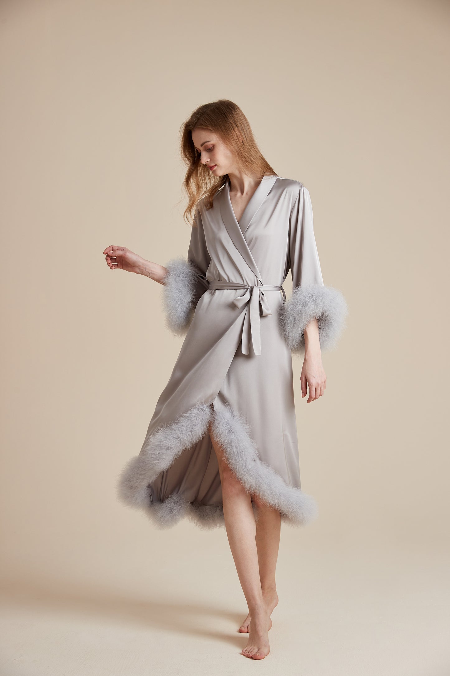 Party Long Robe Set with Detachable Feathers in Powder Pink and Silver Gray