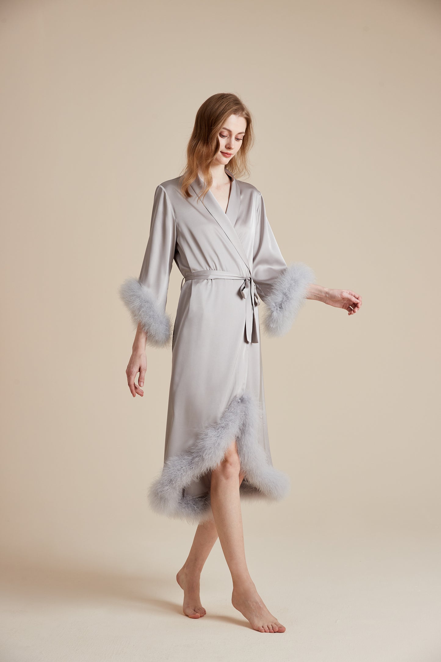 Party Long Robe Set with Detachable Feathers in Powder Pink and Silver Gray