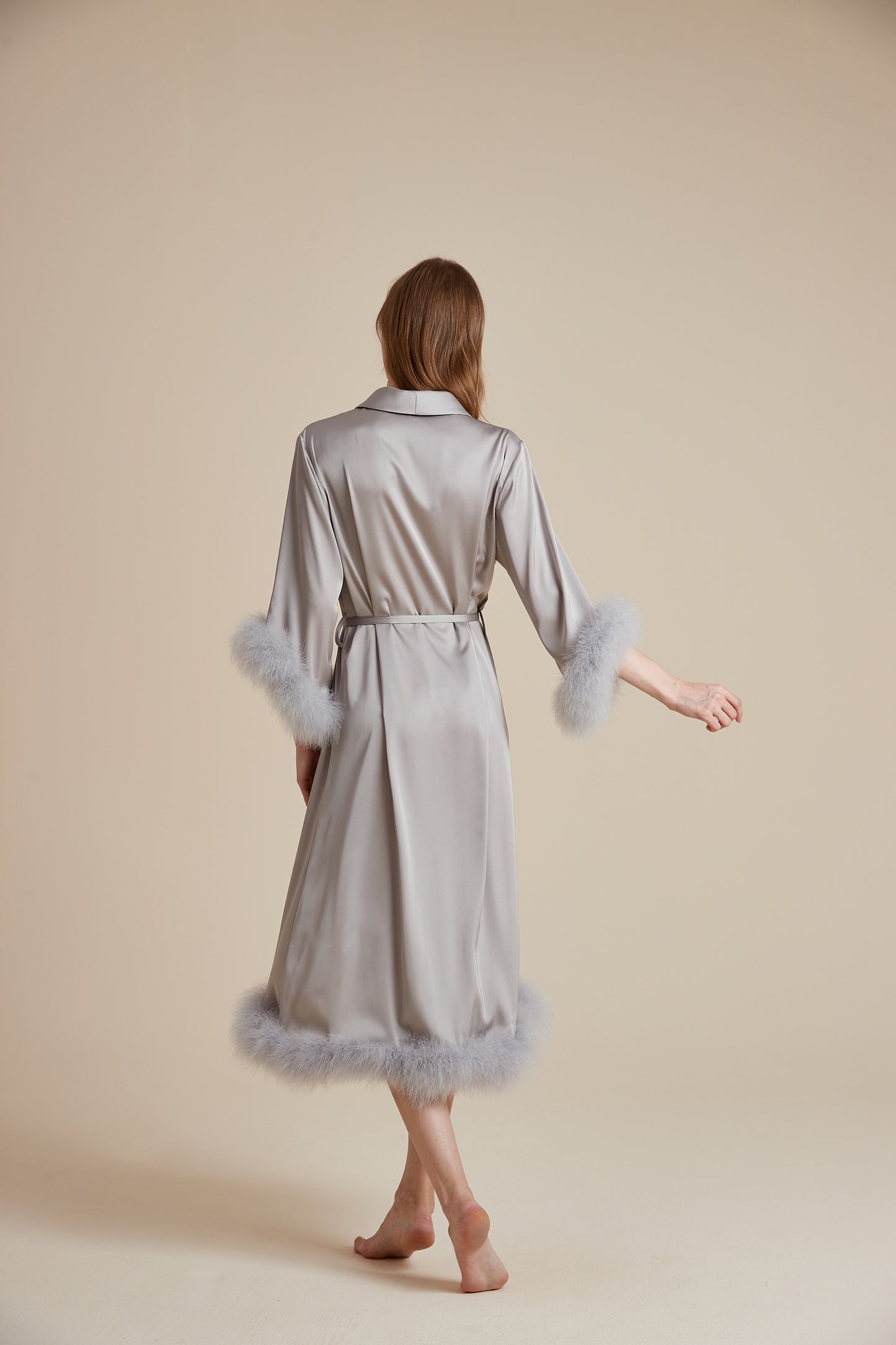 Party Long Robe Set with Detachable Feathers in Powder Pink and Silver Gray