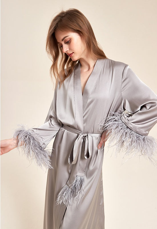 Party Long Robe Set with Detachable Feathers in Silver Gray