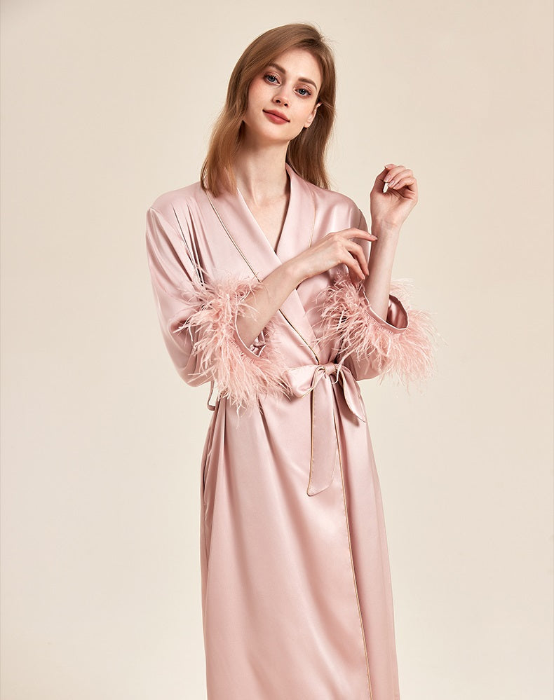 Party Long Robe Set with Detachable Feathers in Powder Pink