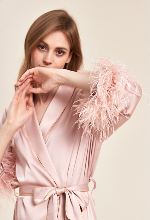 Party Long Robe Set with Detachable Feathers in Powder Pink