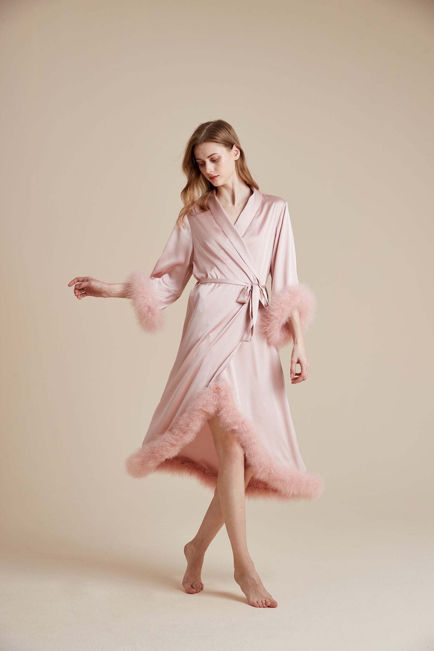 Party Long Robe Set with Detachable Feathers in Powder Pink and Silver Gray