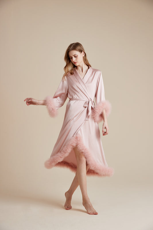 Party Long Robe Set with Detachable Feathers in Powder Pink and Silver Gray
