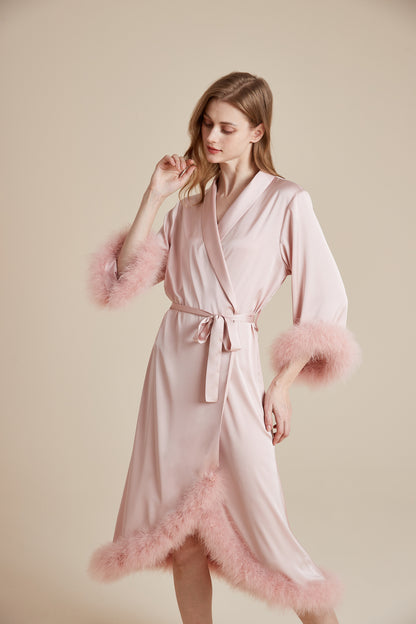 Party Long Robe Set with Detachable Feathers in Powder Pink and Silver Gray