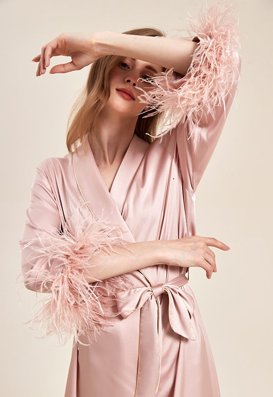 Party Long Robe Set with Detachable Feathers in Powder Pink